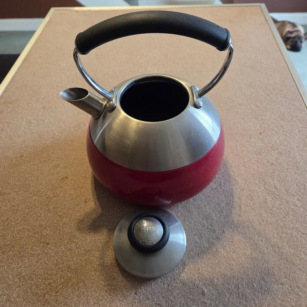Copco Tea Kettle Stovetop Red Enamel Stainless Steel Round Silver Good Condition